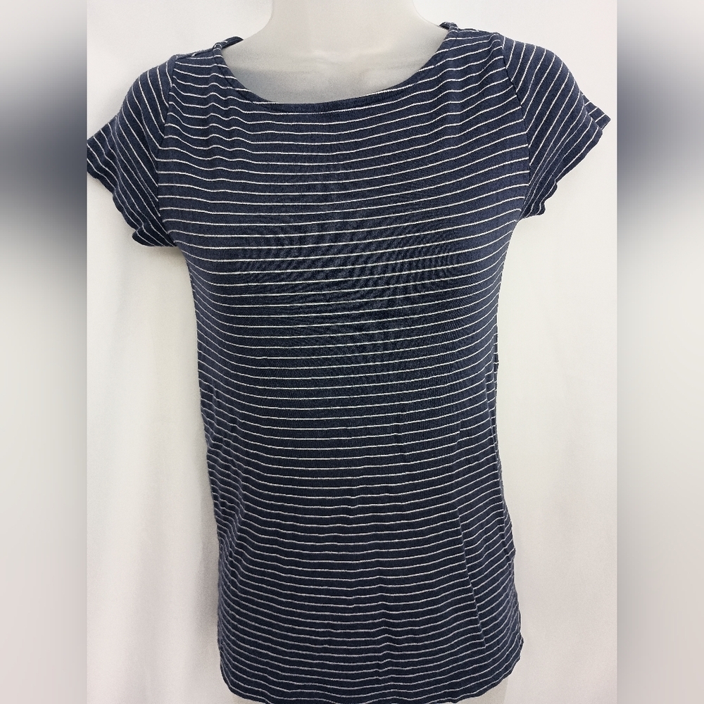 Ralph Lauren Fitted Cap Sleeve Tee‎ Coastal Blue White Striped M Nautical-(#548)